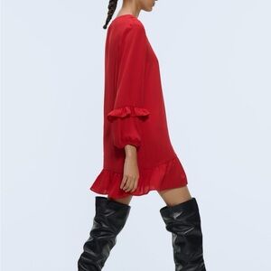 Zara Bright Red Long-Sleeve Ruffle Hem Dress